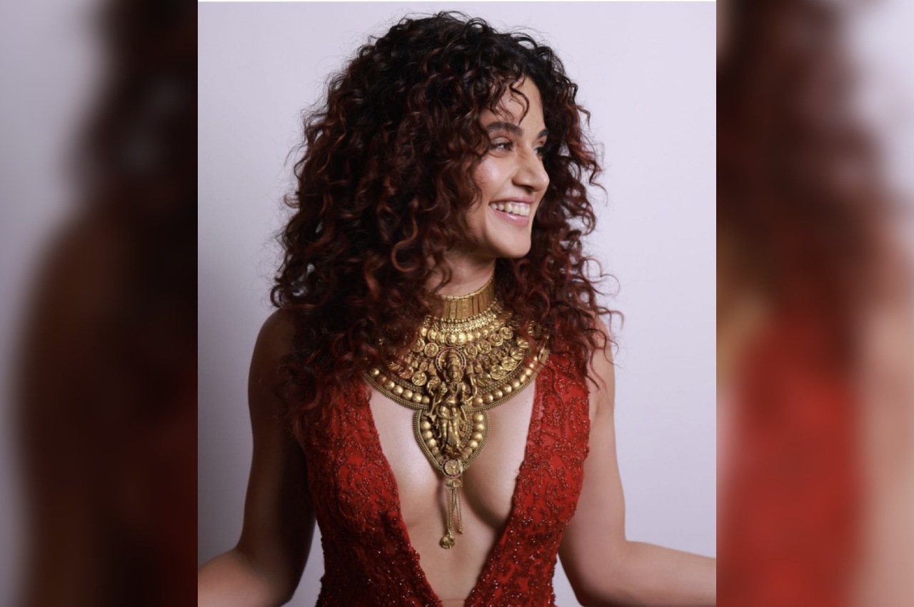 taapsee pannu trolled for goddess lakshmi necklace with a deep neck gown