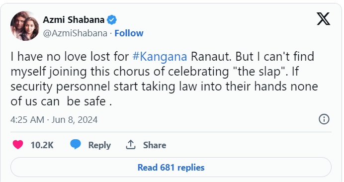 Kangana Ranaut Slap Incident Shabana Azmi Support
